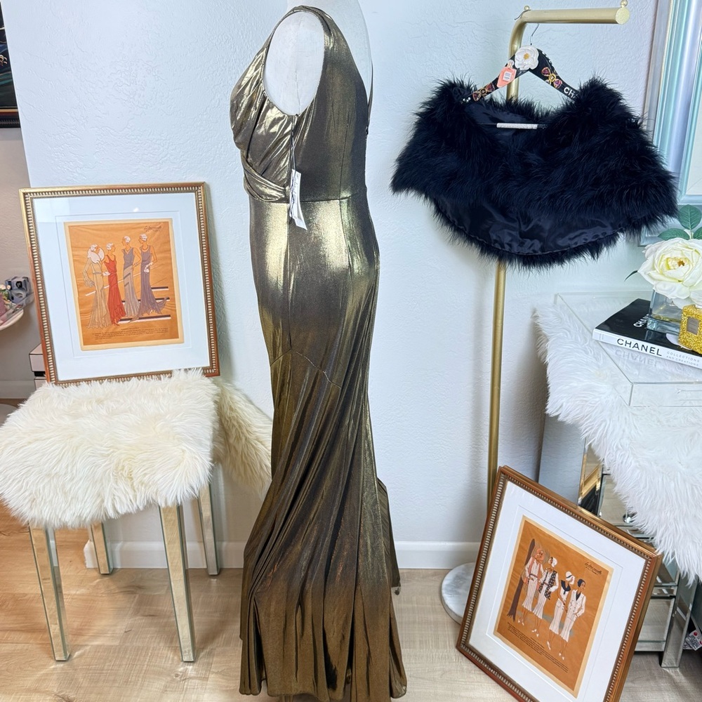 NWT Aidan Mattox Gold‎ Metallic Foiled V-Neck Evening Gown 2 Lame Glam Luxury - Picture 8 of 16